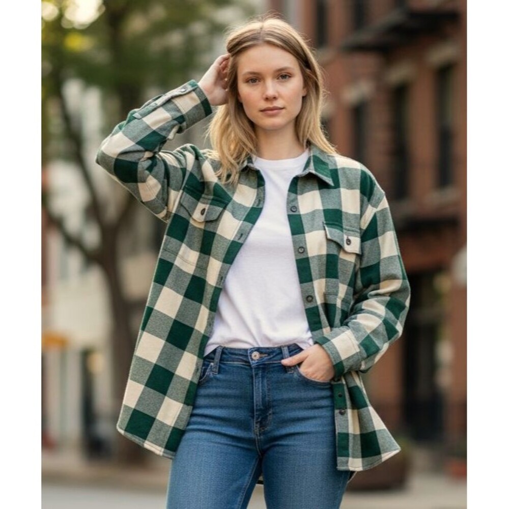 Natural Reflections Shirt Jacket Sherpa Lined Green Cream Buffalo Check Womens L